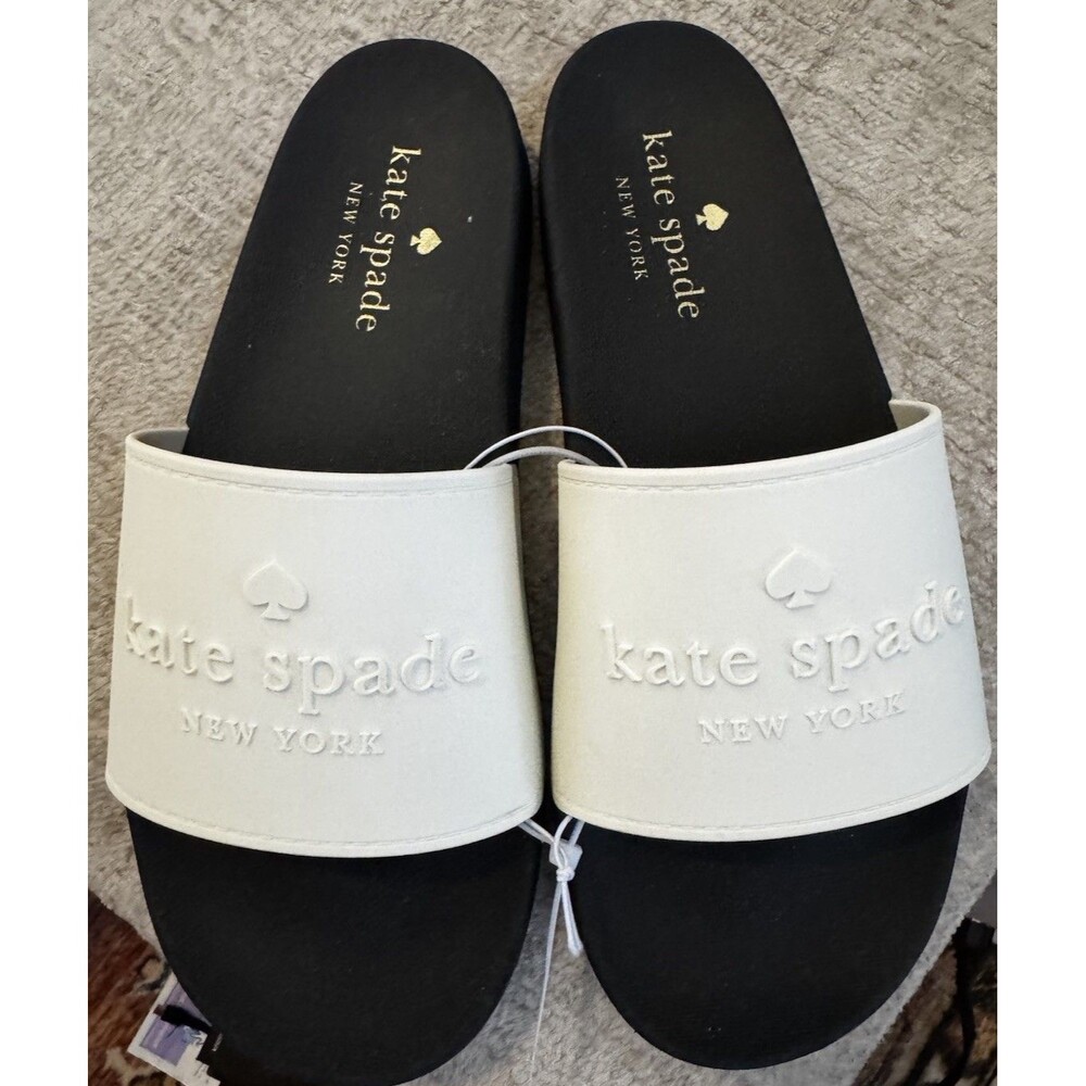 NWOB Kate Spade Logo Slide Sandals Size 10 Off White Black Pool Beach ‘Sunny’